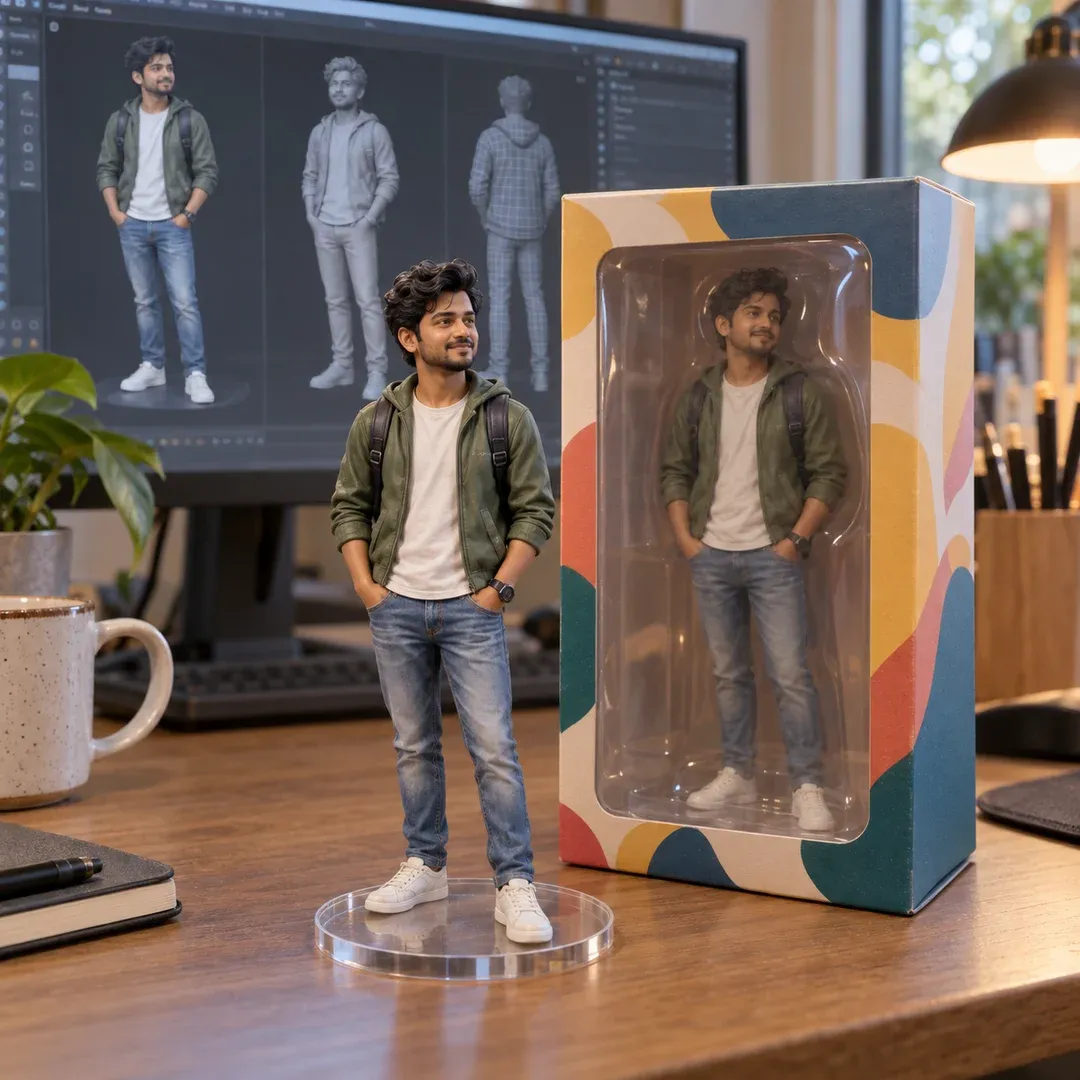 Example result: A realistic 1/7 scale collectible figurine of the person stands on a clear acrylic base on a desk next to its toy box.