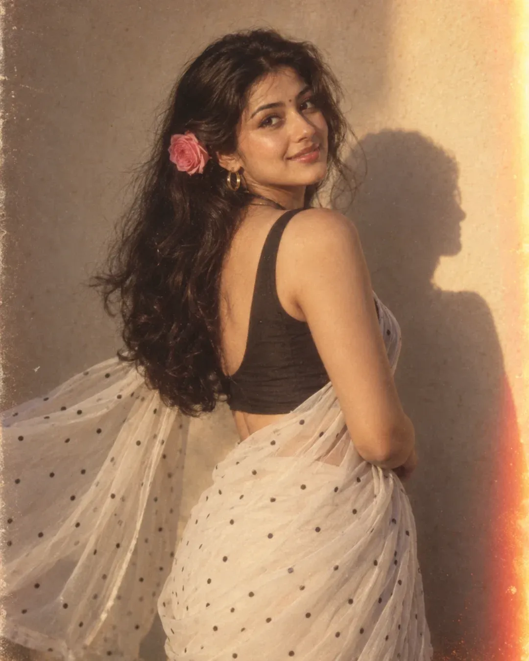 Example result: A 90s-style portrait of a woman in a white polka-dot chiffon saree with a pink flower in her hair, wind in the fabric.