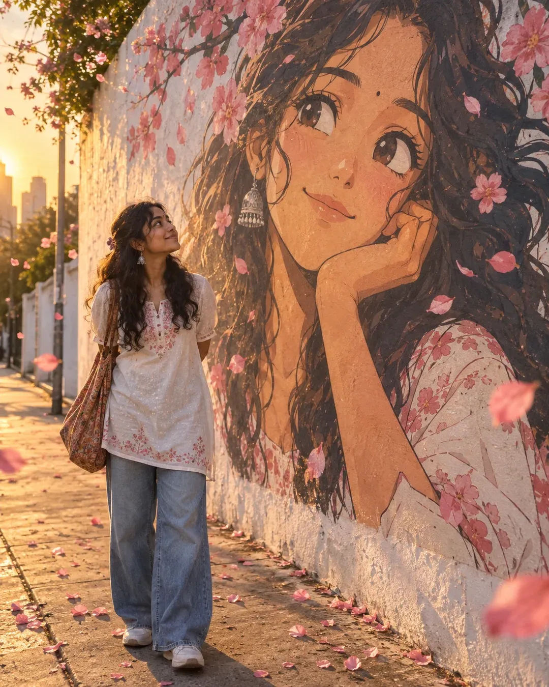 Example result: A person stands on a city sidewalk in front of a giant anime-style painted mural of themselves at golden hour.