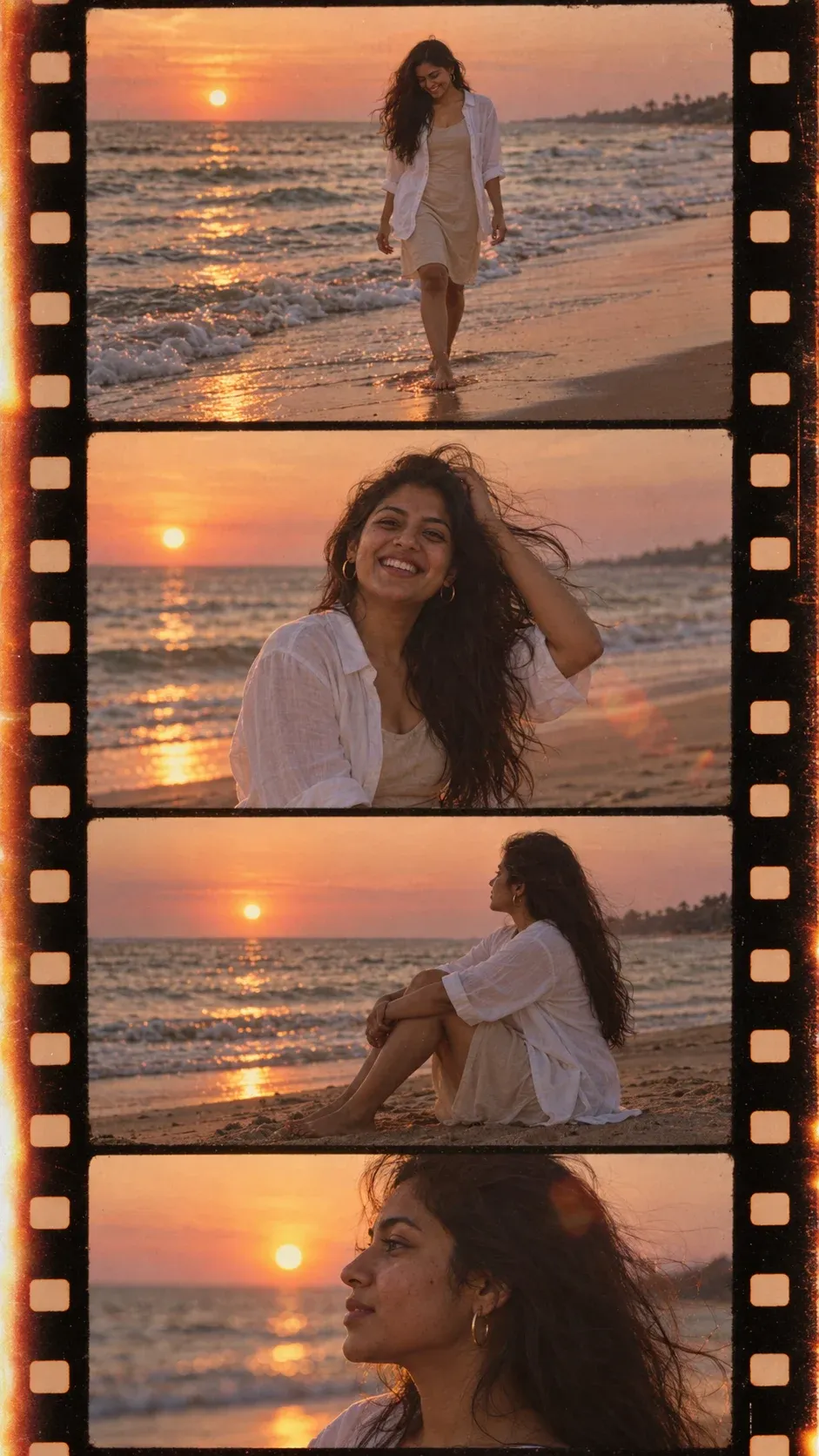 Example result: A vertical strip of four film frames showing the same person on a beach at sunset: walking, laughing, hair in the wind and a close-up.