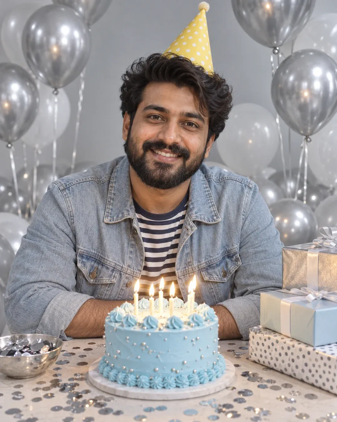 Example result: A young man in a denim jacket and party hat smiles behind a blue cake with lit candles, surrounded by silver balloons.