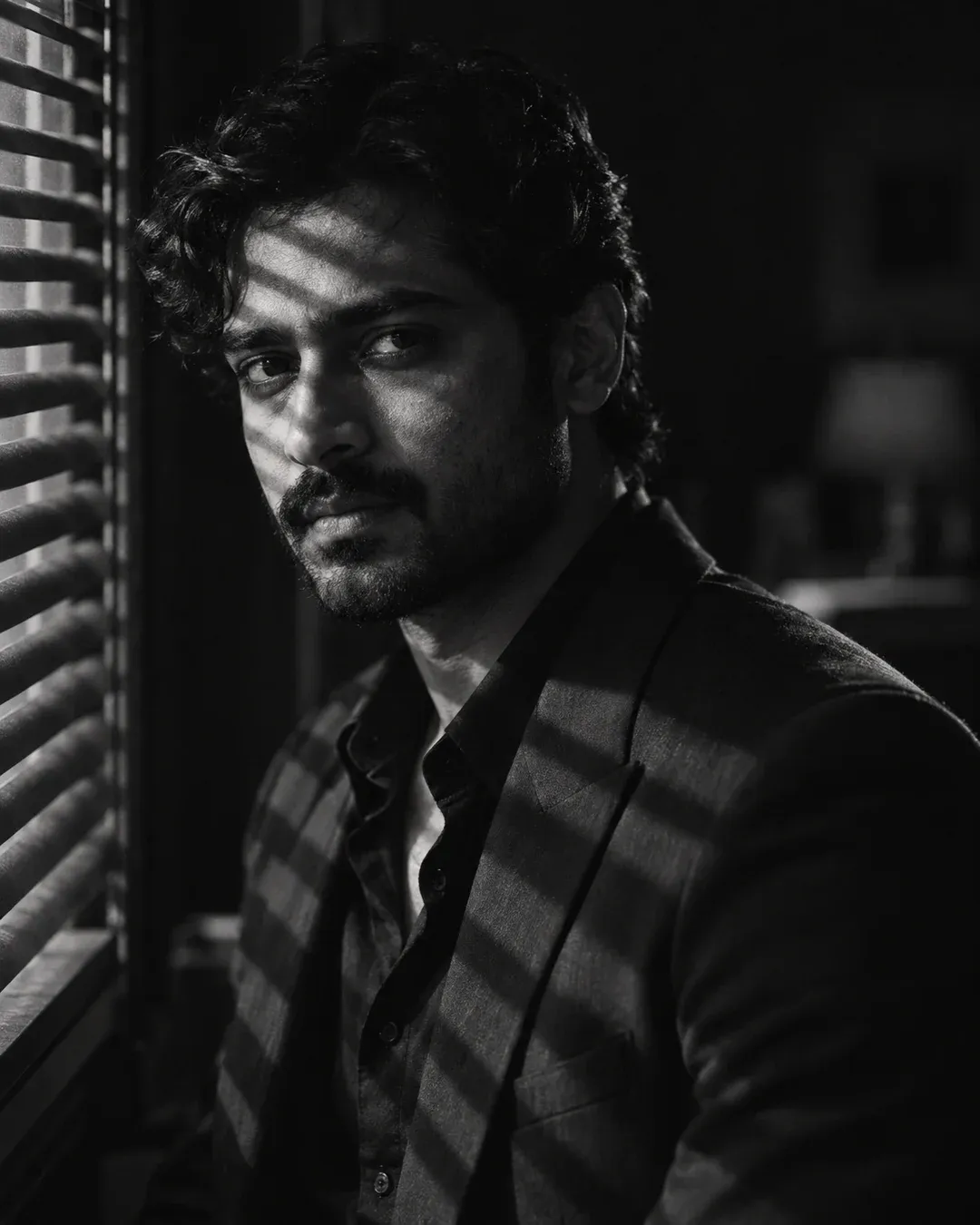 Example result: A black and white portrait of a person in a dark suit, striped light from window blinds falling across the face.