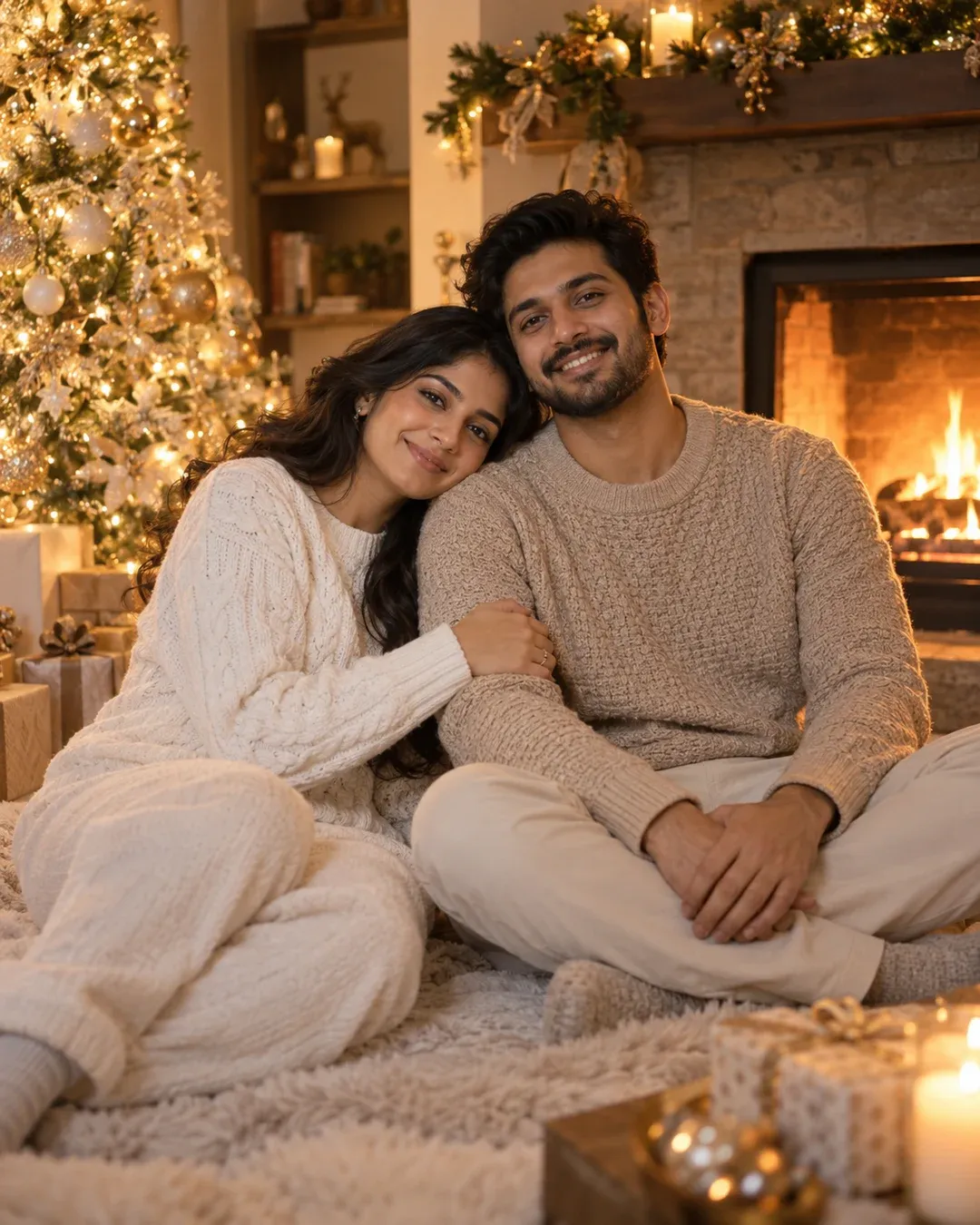 Example result: A couple in cream knit sweaters sits by a glowing fireplace next to a white and gold Christmas tree.