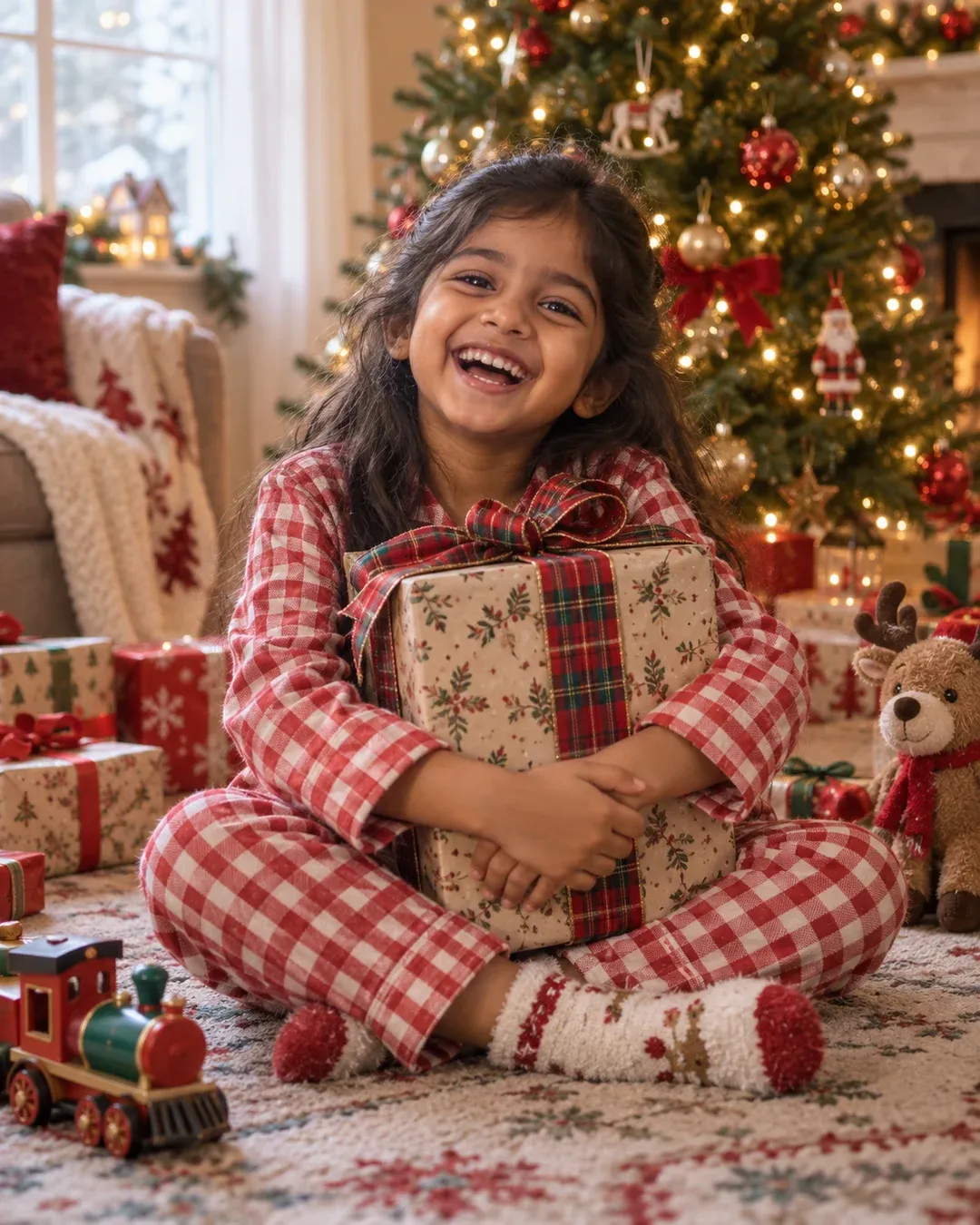 Example result: A child in checked pajamas hugs a big wrapped gift in front of a glowing Christmas tree on Christmas morning.