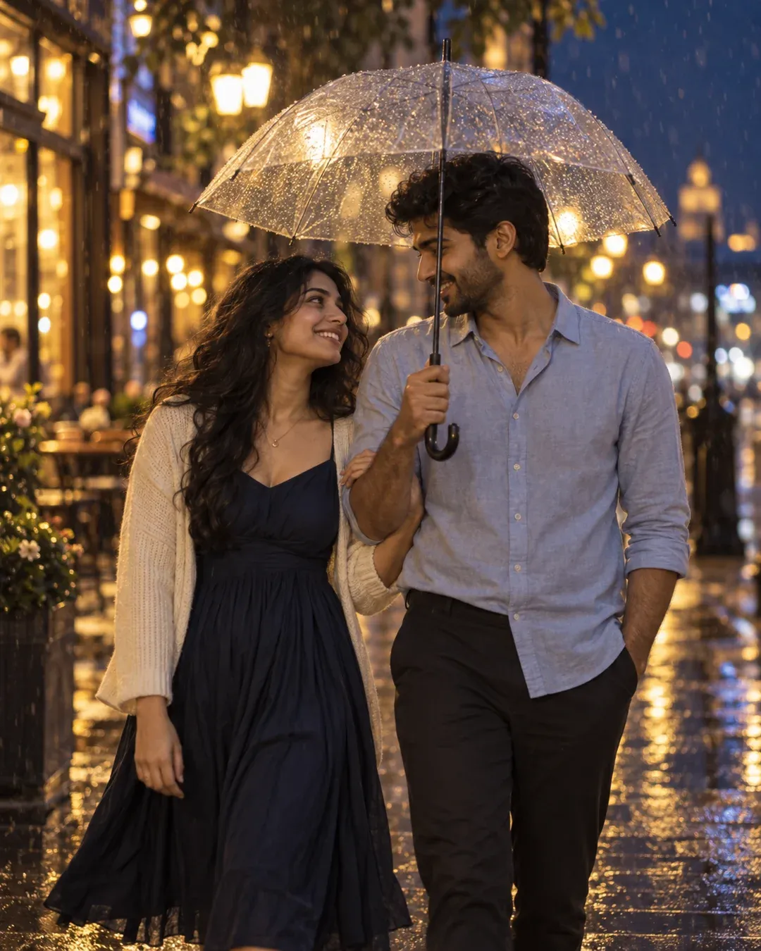Example result: A couple shares one umbrella on a wet city street at night, warm street lights reflecting in the puddles.