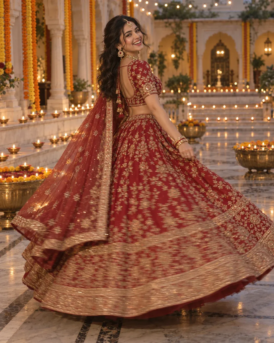 Example result: A woman in a crimson and gold lehenga twirls in a marble courtyard lit by diyas and string lights.
