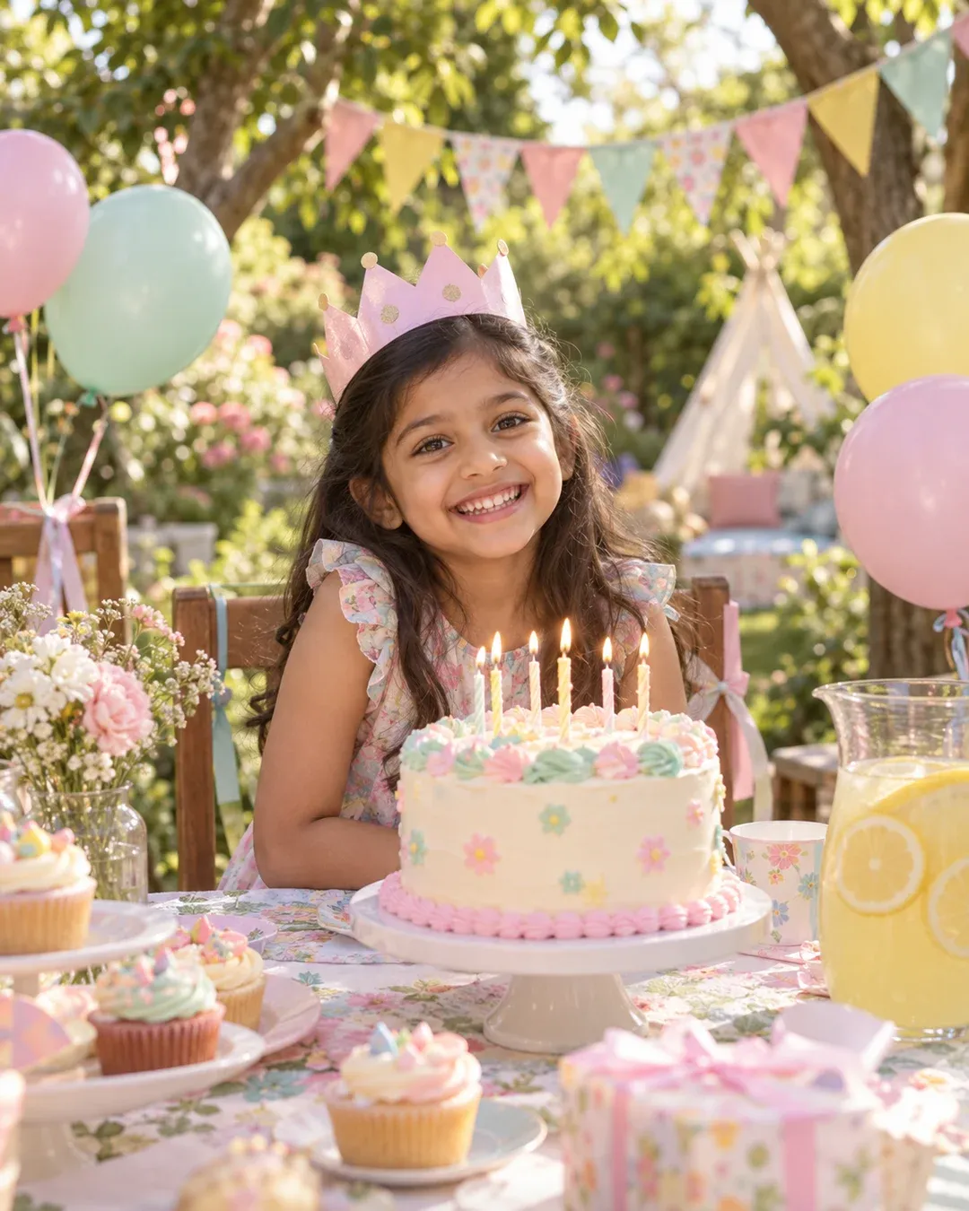 Example result: A smiling child sits at a garden party table with a pastel cake, balloons and bunting in soft afternoon light.