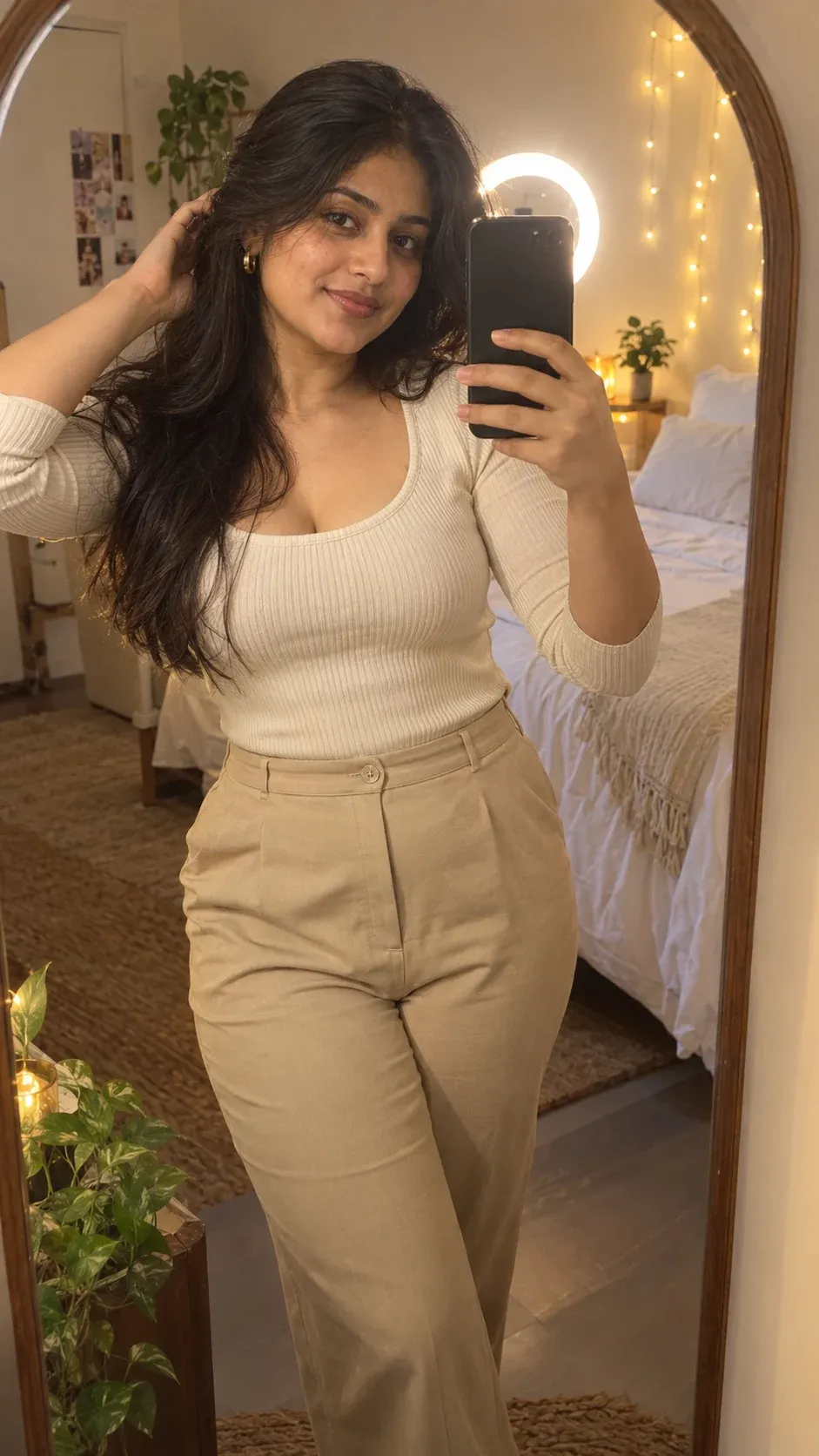 Example result: A warm glowing mirror selfie in front of a tall arched mirror in a cozy bedroom lit by a ring light and fairy lights.