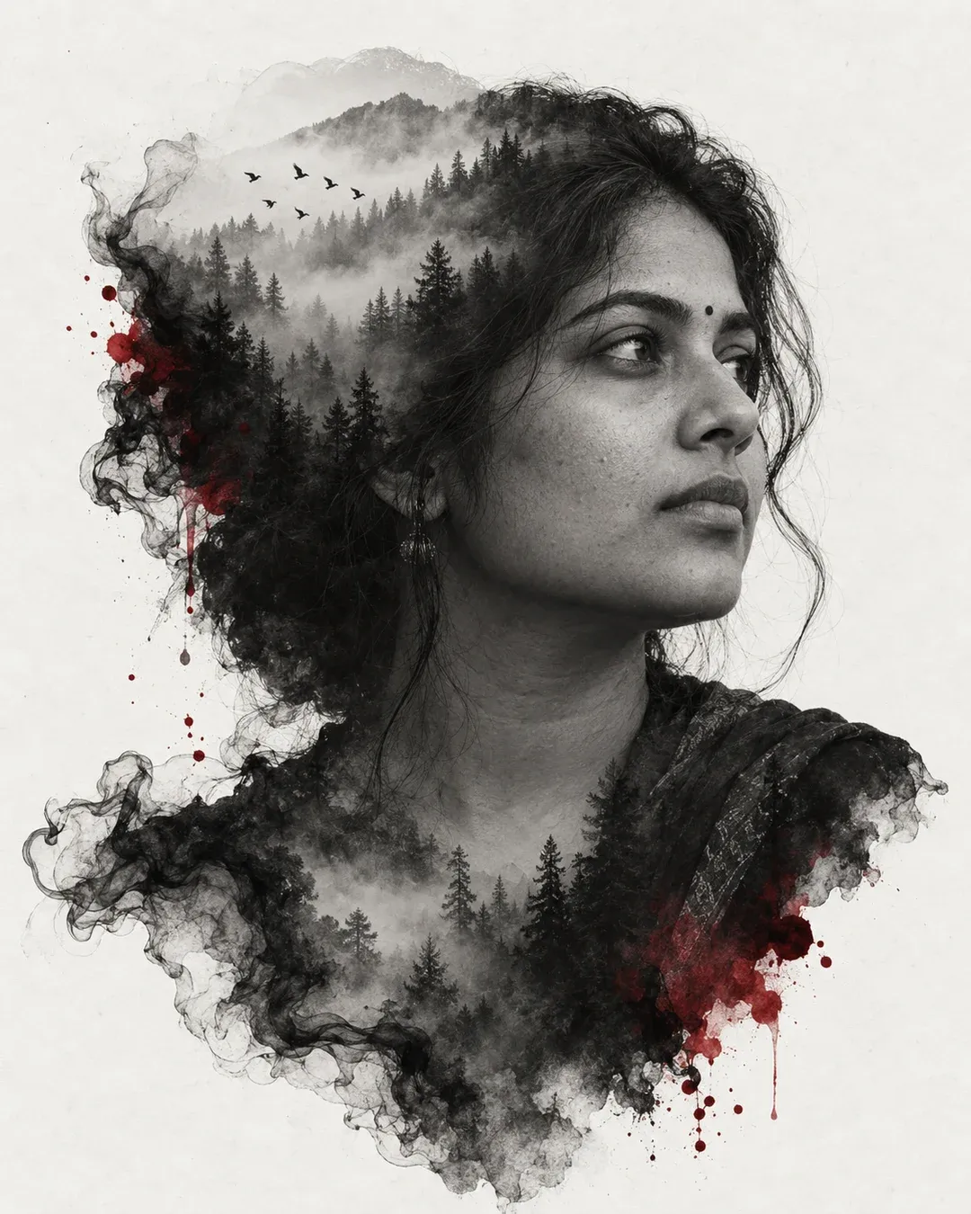 Example result: An artistic double exposure: a side profile portrait blended with a misty pine forest and flowing black ink on a white background.