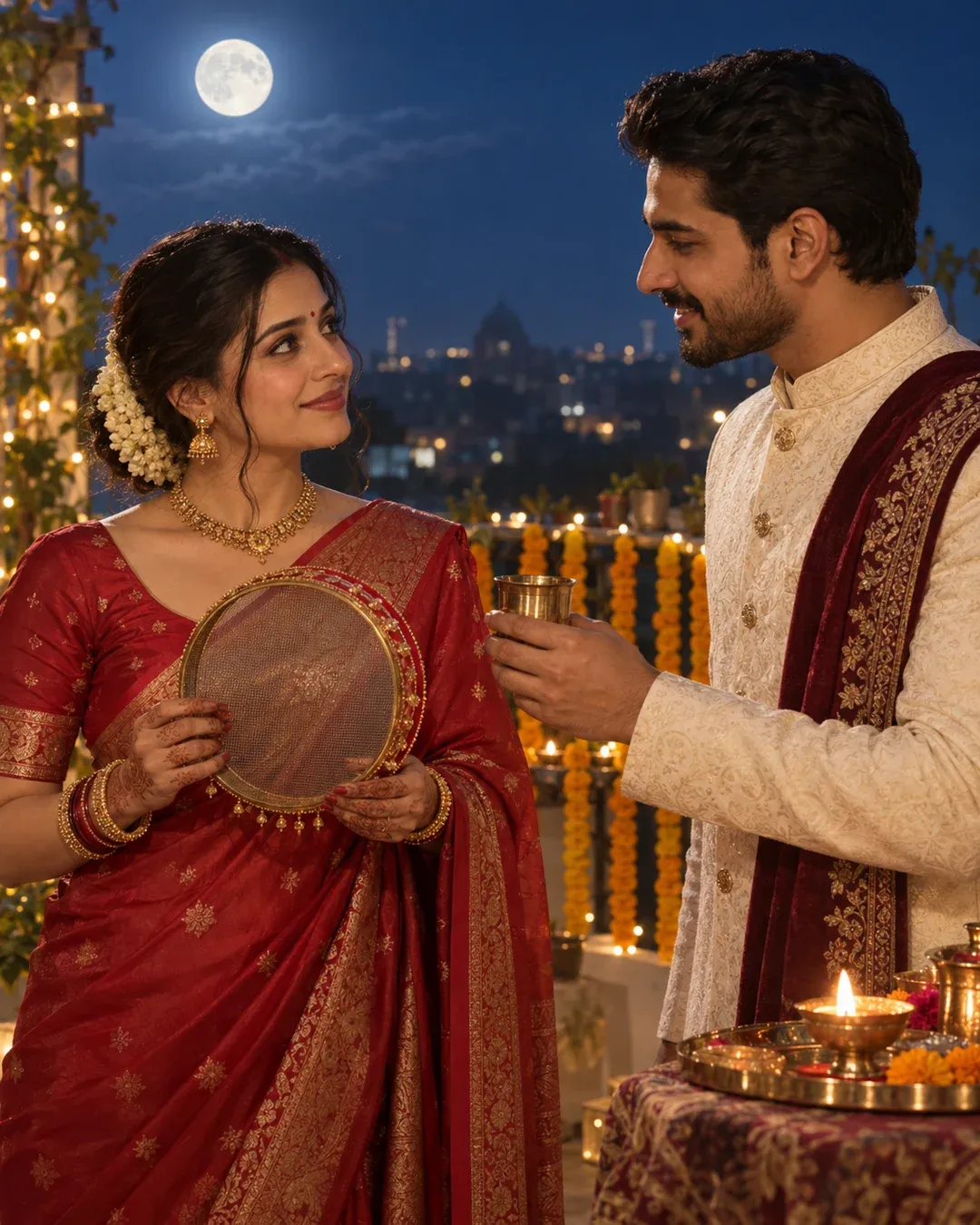 Example result: A couple on a lantern-lit terrace on Karwa Chauth night, the woman holding a sieve as the man offers water.