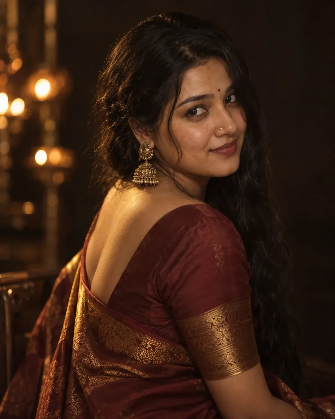 Example result: A dreamy soft-focus portrait in a maroon silk saree with antique gold jewellery, lit by warm golden light against a dark background.
