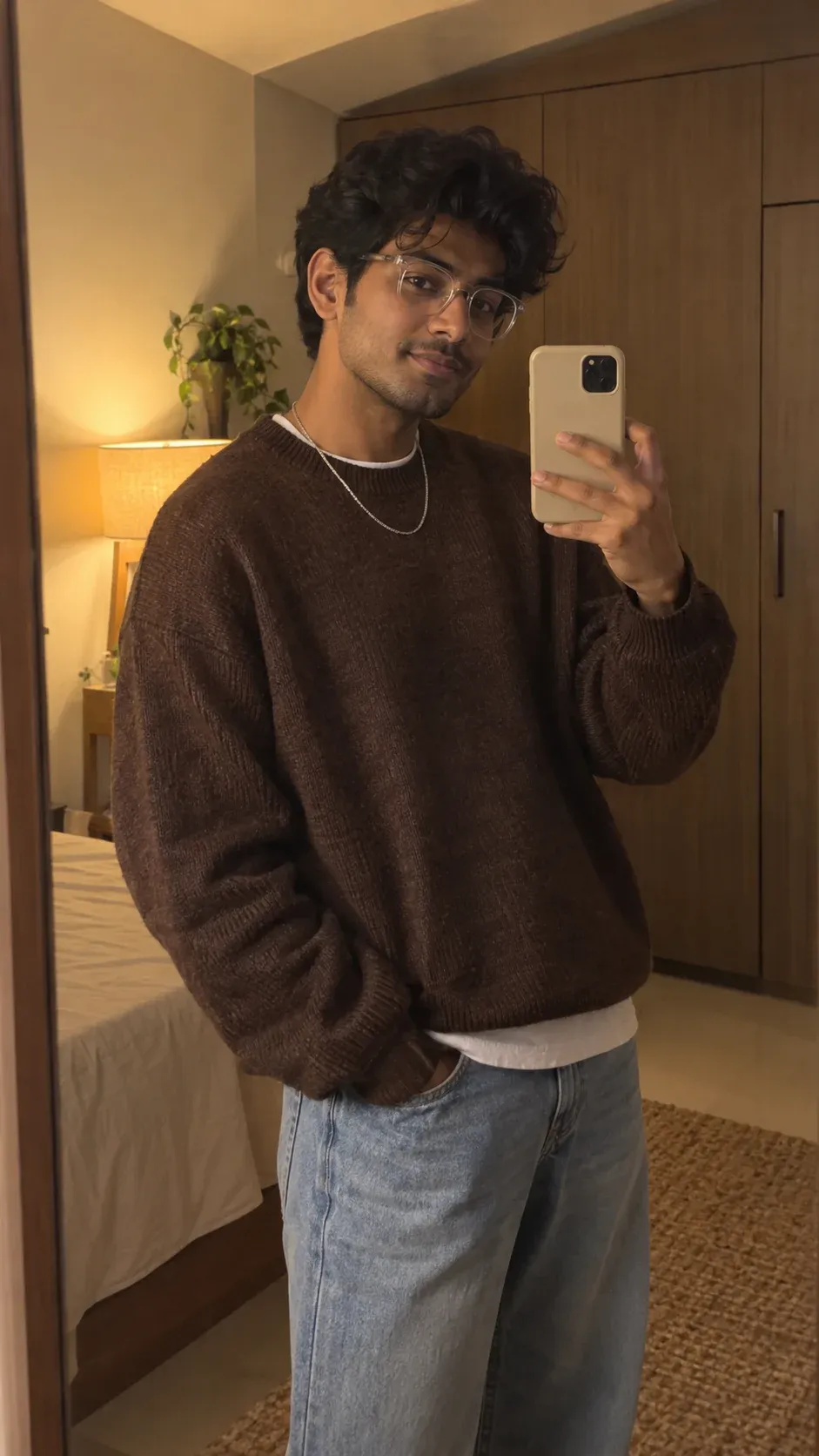 Example result: A young man takes a mirror selfie in a warm-lit room, wearing a brown oversized sweater and holding his phone at chest height.