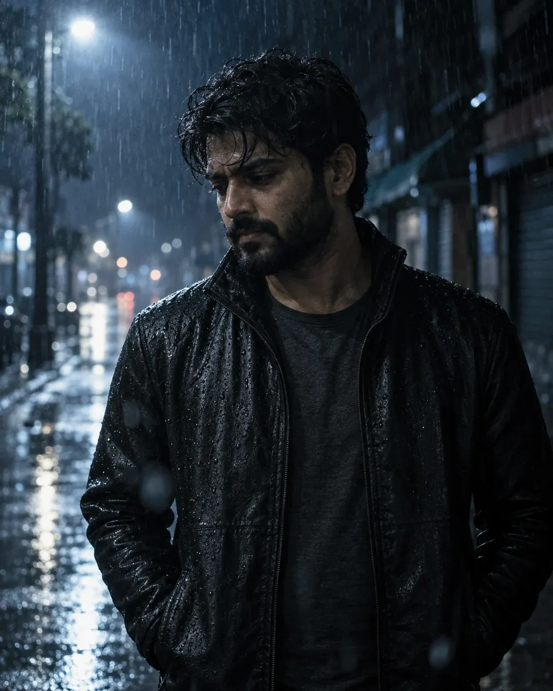 Example result: A lonely young man stands on a rain-soaked street at night, head slightly lowered, streetlights reflecting on the wet road.