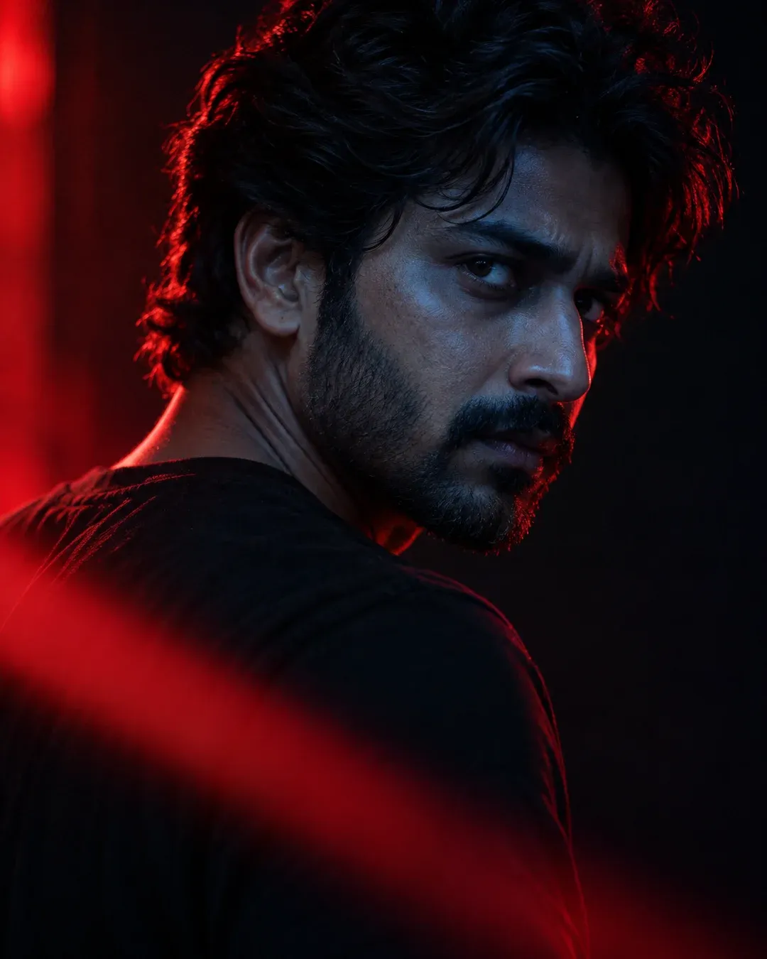 Example result: A portrait turned over the shoulder, a red rim light tracing the face and deep blue shadows around it.