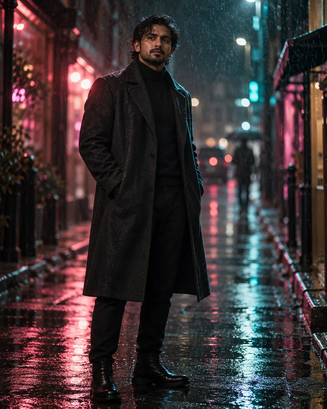 Example result: A man in a long dark coat stands on a wet city street at night, lit by pink and teal neon reflections in the rain.