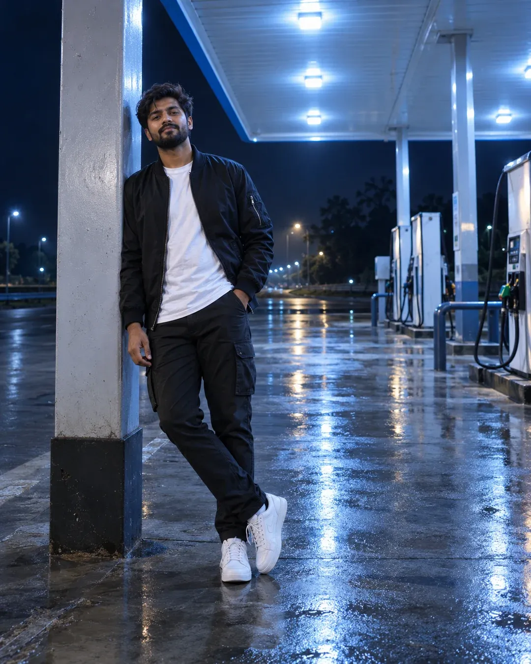 Example result: A man stands under a glowing blue-white fuel station canopy at night, with wet ground reflecting the lights.