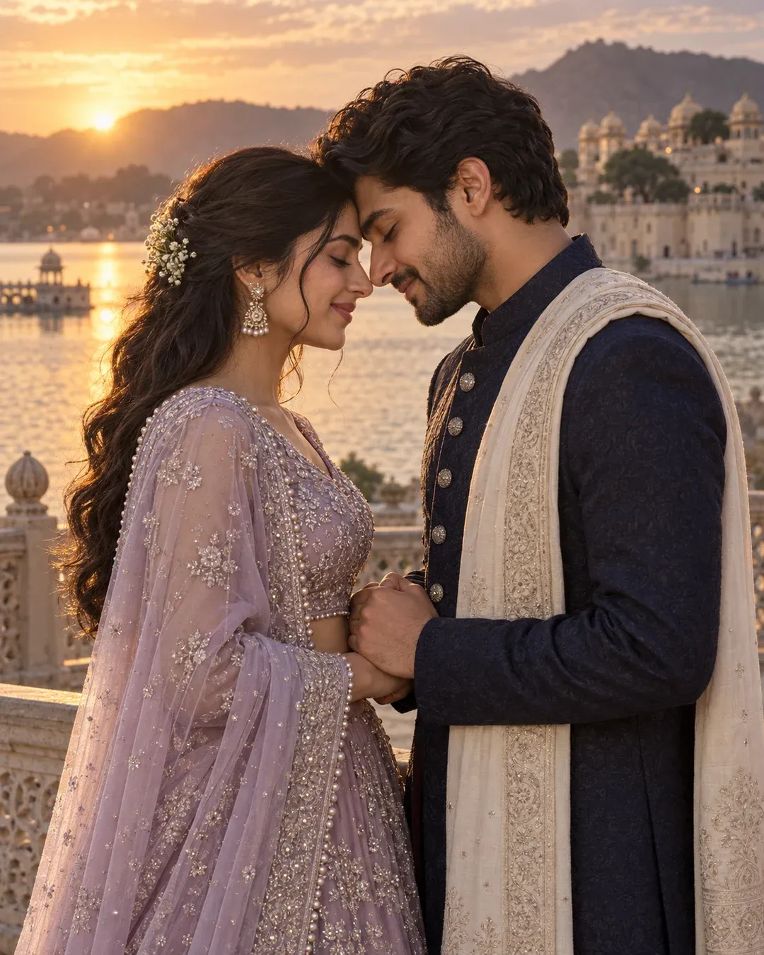 Example result: A couple in a lavender lehenga and navy sherwani stands on a lakeside palace terrace at sunset, foreheads close.
