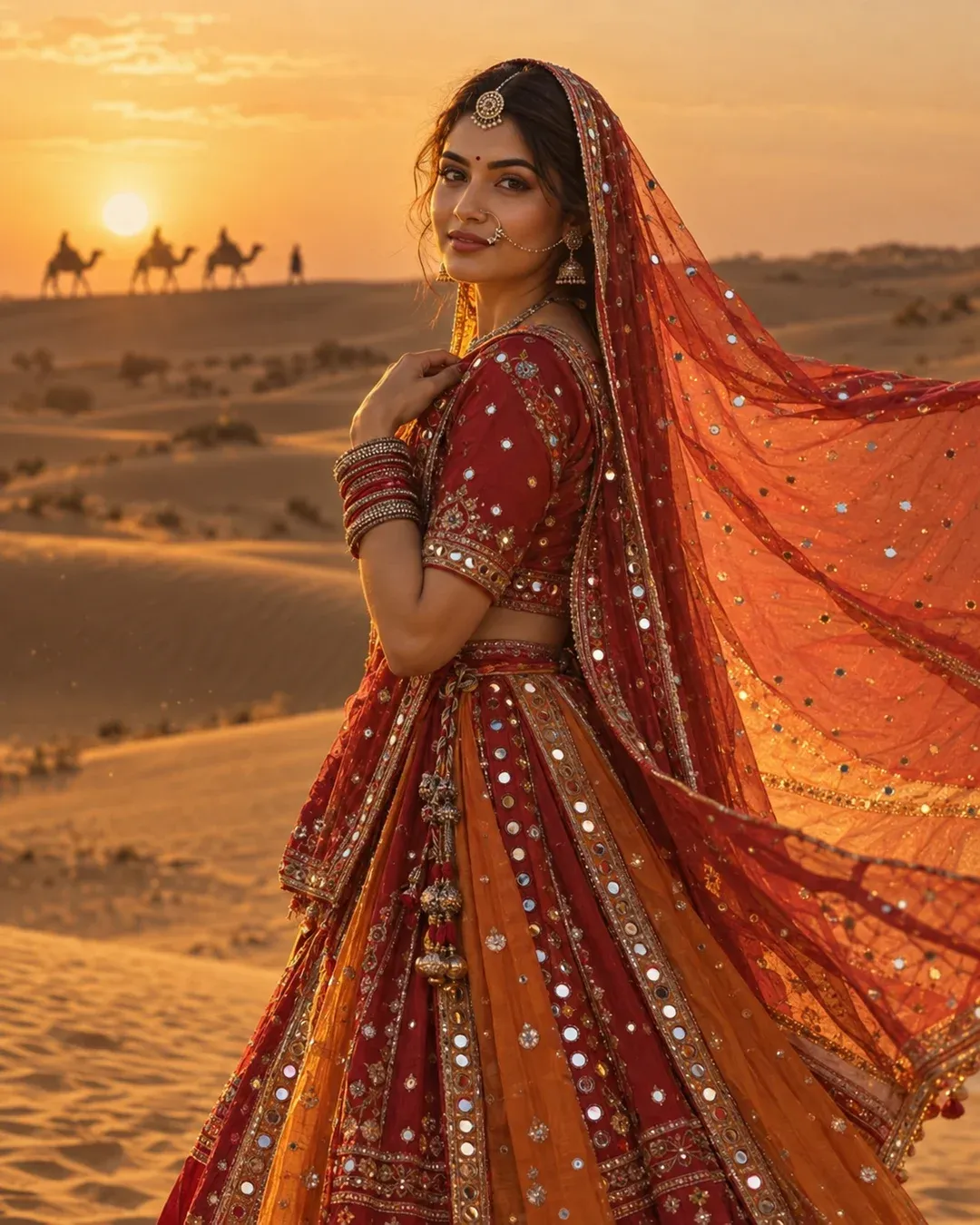 Example result: A woman in a red mirror-work Rajasthani poshak stands on golden sand dunes at sunset, her odhani lifting in the wind.