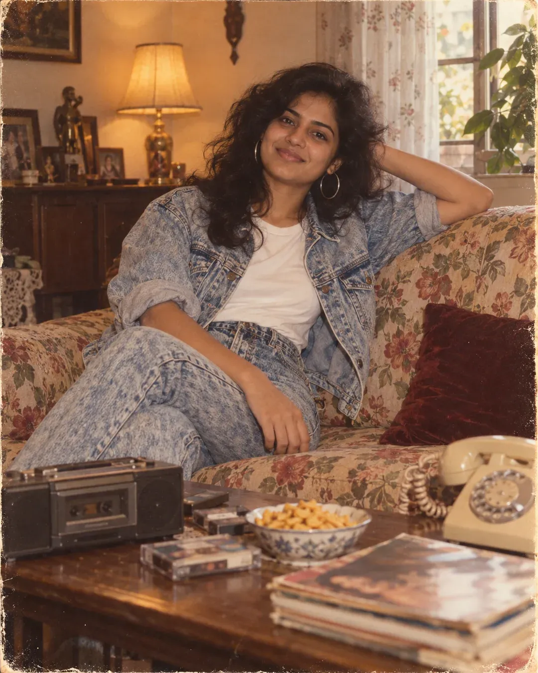 Example result: A person in acid-wash denim lounges on a floral sofa in a 1980s living room with a cassette player and an old phone.