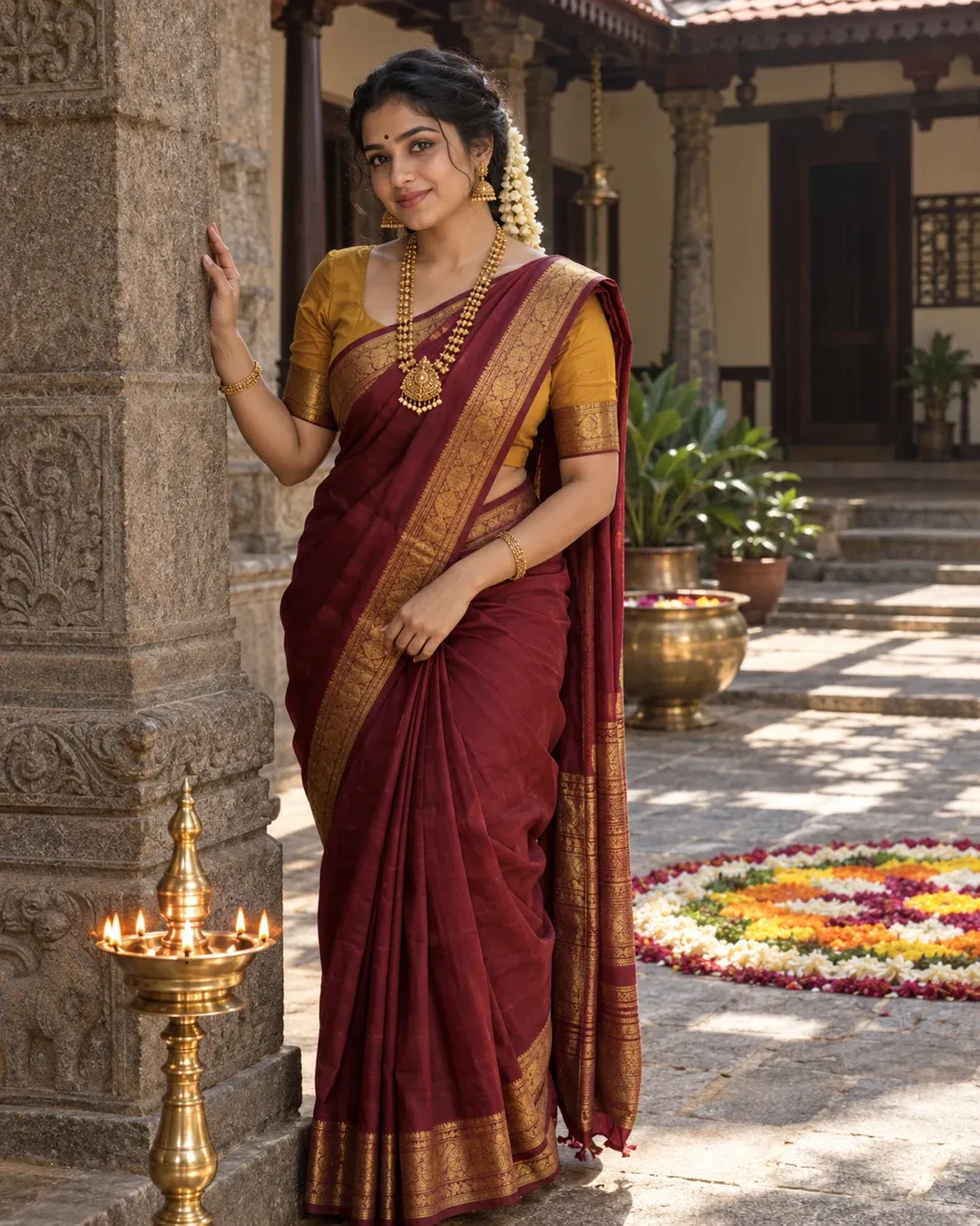 Example result: A woman in a maroon Kanjeevaram silk saree with temple jewellery and jasmine stands by a carved stone pillar.
