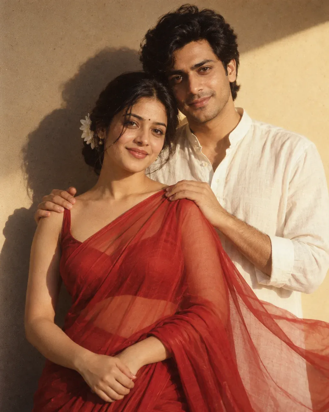Example result: A couple in a red retro saree and a white kurta poses against a warm wall, with deep shadows and 90s film grain.