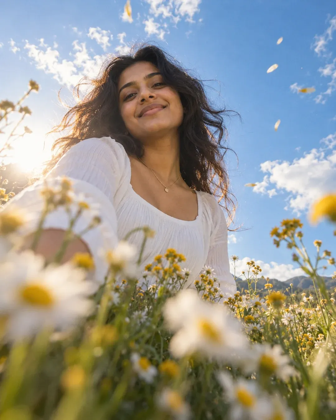 Example result: A low-angle portrait of a person standing in a wildflower field, flowers blurred in the foreground under a bright blue sky.