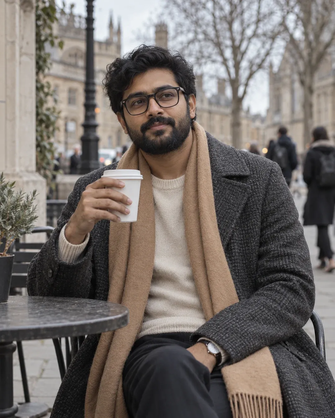 Example result: A man in a charcoal overcoat and long wool scarf holds a takeaway coffee at an outdoor café on a grey winter day.