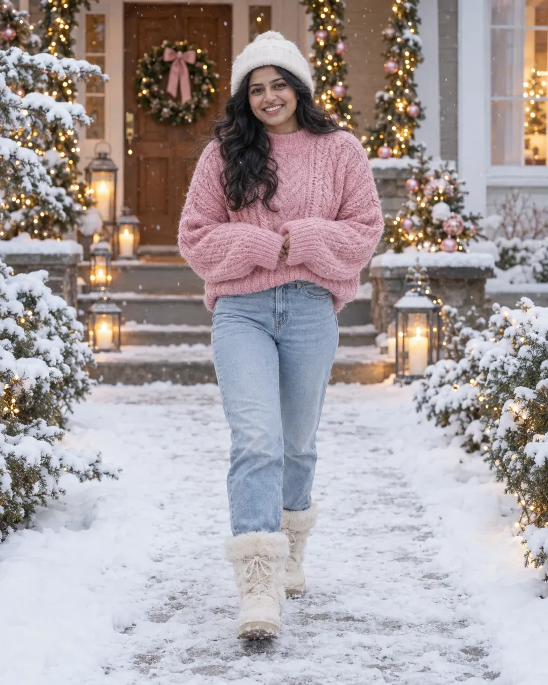 Example result: A woman in a pink knit sweater and snow boots walks toward the camera on a snowy path by a house decorated with lights.