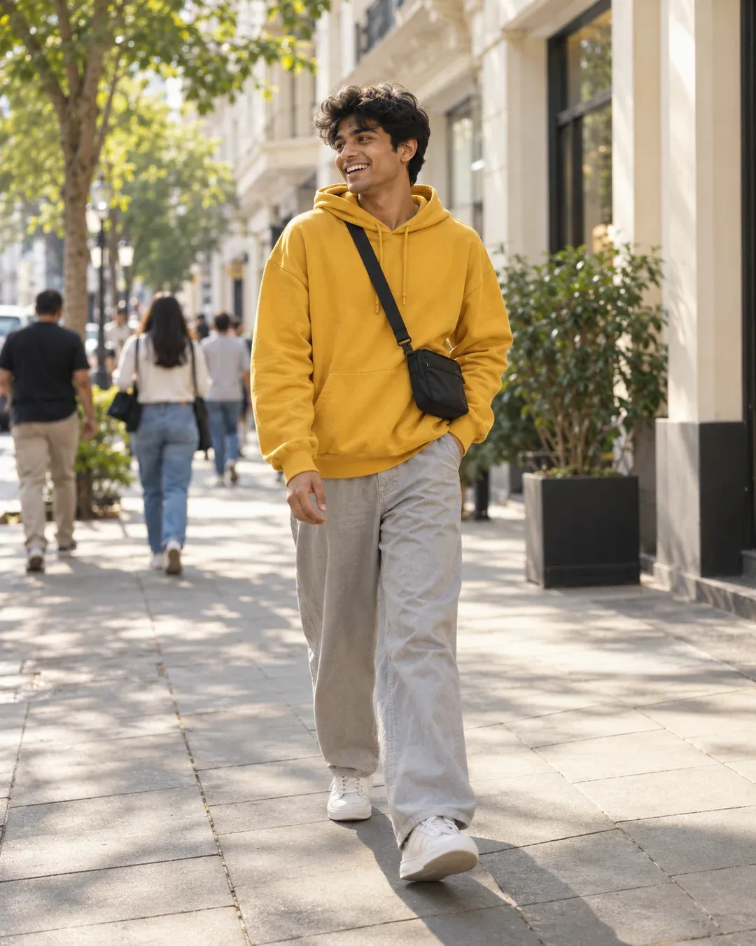 Example result: A candid street shot of a young man in a bright yellow hoodie laughing mid-step on a sunny city sidewalk.