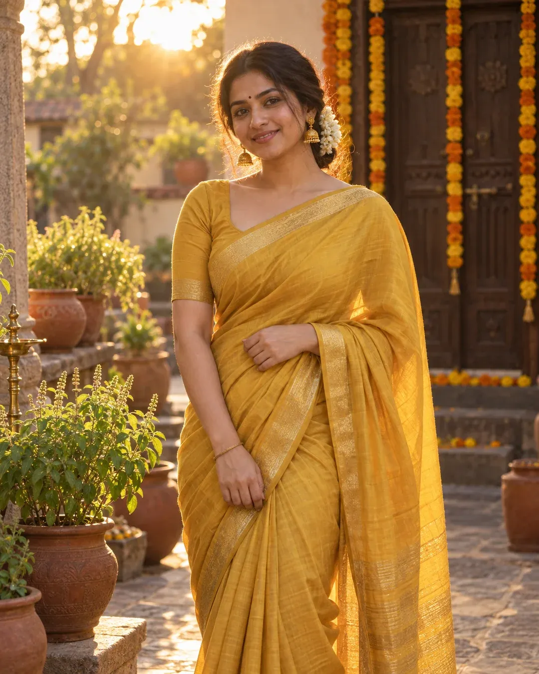 Example result: A woman in a mustard yellow silk saree stands in a courtyard at golden hour, backlit with a warm glow.
